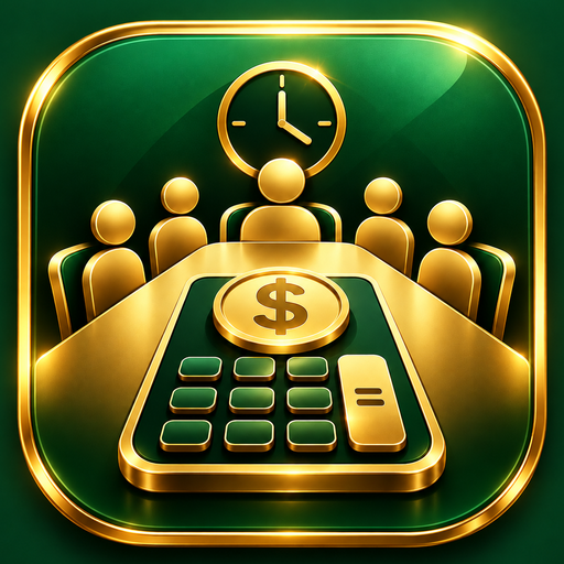 The Sunk Cost app icon: a gold boardroom table and calculator on deep green, with a clock above it.